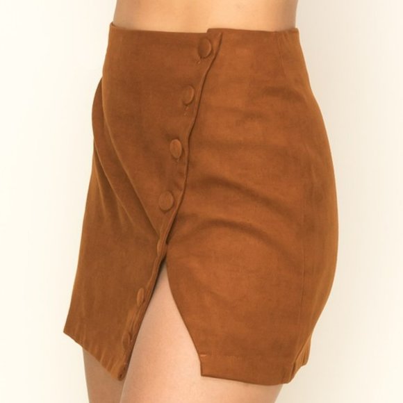 RELISTED Slit Sides Button Mini Skirt High Waist Mini Brown - Picture 3 of 5